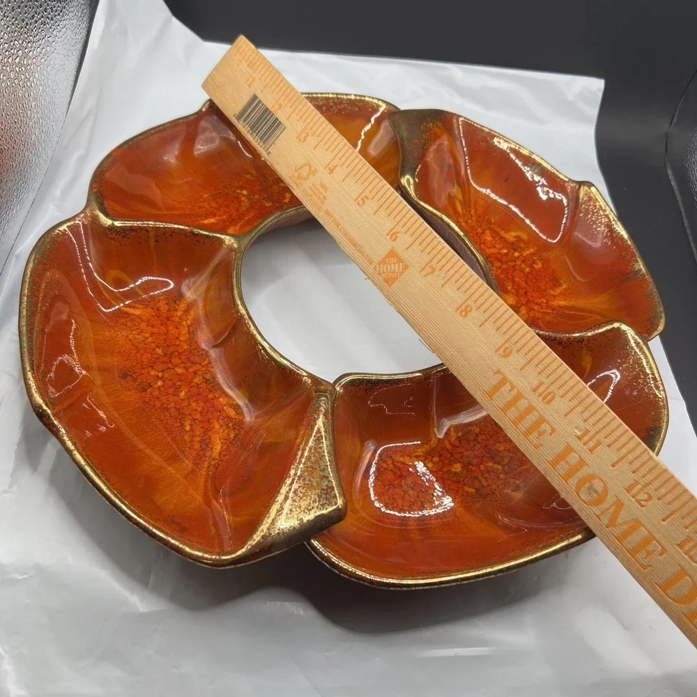 Vintage 1960s California Originals 3pc Chip Dip Set 146 Orange Drip Glaze Gold